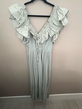 Zara Cotton Light Sage Ruffle V-Neck Maxi Dress